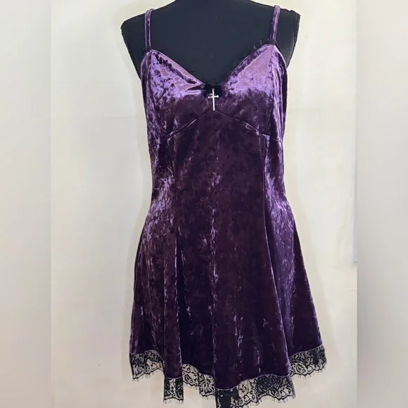 Cosmic Aura Purple Velvet Slip Dress Black Lace And Cross Detail Whimsygoth Sz S - Picture 3 of 11